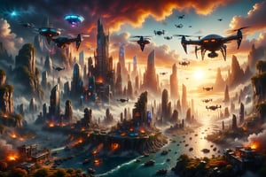 Create a stunning futuristic city floating above a breathtaking landscape, illuminated by a warm pulse. Intricate details include guardian drones, wisdom, & powerful energy sources in the atmosphere. Vibrant colors & whimsical atmosphere add to the dreamlike quality. Cinematic lighting & epic scenery 