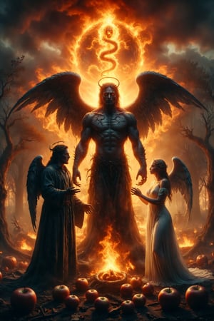 Design an image of two horror monster, one male and one female, standing under an angel blessing them. Behind them, there is an apple tree with a serpent and a tree on fire, symbolizing union, love, and choices.
