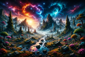 Impresionante paisaje caleidoscópico de espejismos, con colores vibrantes y detalles intrincados que se entrelazan en una experiencia visual hipnótica. Obra maestra hiperrealista, calidad asombrosa, estilo oscuro y atmósfera espeluznante, escenario ultra detallado y fondo ultra detallado, detalles simétricos intrincados y afilados.