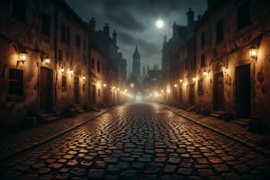 A cobblestone street lit by flickering lanterns, with shadows moving like ghostly figures among old houses.