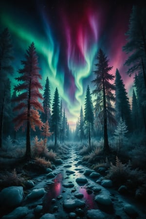 A forest where the trees are made of icy crystal, reflecting the aurora borealis in multiple colors.