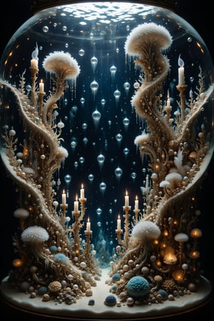 An aquarium with interesting, surreal organic curves, filled with sparkling pearl reefs and candelabras resembling crystal stalactites. Inlaid pearls, decorative gold accents, feathers, diamonds, and iridescent bubbles.