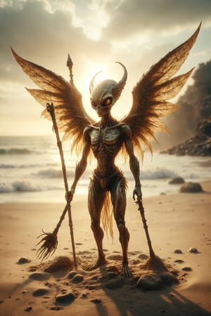 Generated image of a fancy golden winged alien with three long staffs stuck in the sand near it on the sea coast
