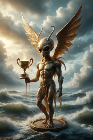 Design a scene of a male golden alien with wings and horns on a floating throne above the sea, holding a golden metal cup trophy and a scepter, with waves around it, symbolizing emotional balance, compassion and control.
