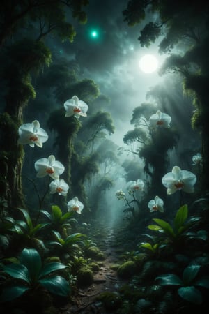 A dense forest with emerald trees and giant orchids glowing under the light of a tropical moon.