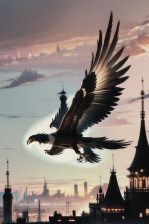 Design a scene of a bronze mechanical eagle flying over a steampunk city. The city is filled with buildings with metal roofs and smoking chimneys. In the background, a large tower with a clock at the top can be seen. DonMSt34mPXL,SP style,steampunk style,SteamPunkNoireAI,ste4mpunk,HZ Steampunk,Illustration,DonMD0n7P4n1c