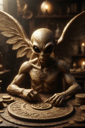 Design a scene of a golden alien with wings and horns concentrating on his craftsmanship, carving coins with precisely carved pentacles, symbolizing dexterity, skill and dedication to perfection.