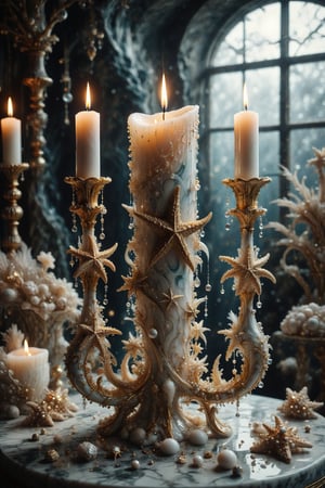 A luxury candle with marble texture and interesting, surreal organic curves, in a surreal underwater scene with candelabras shaped like starfish. Inlaid starfish, decorative gold accents, feathers, diamonds, and iridescent bubbles.