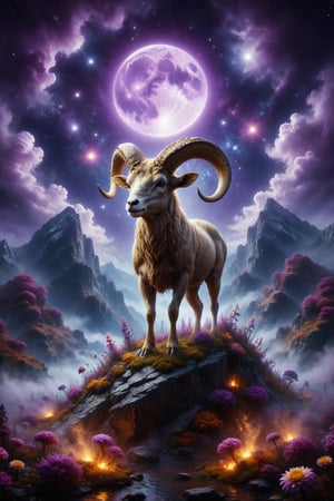 A golden ram with crystal horns ascending a floating mountain, surrounded by cosmic sparks and fire flowers under a full purple moon that illuminates the entire landscape.