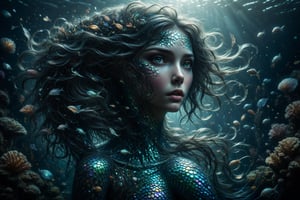 A mermaid with iridescent scales and hair flowing like seaweed, emerging from dark waters where the eyes of marine creatures shine in the depths.