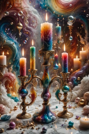A candle with marble texture and interesting, surreal organic curves, in a surreal landscape with candelabras reflecting the colors of the rainbow. Inlaid rainbows, decorative gold accents, feathers, diamonds, and iridescent bubbles.