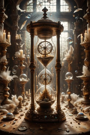 An hourglass with interesting, surreal organic curves, representing a labyrinth of ever-changing time, with candelabras resembling dimensional portals. Inlaid temporal mazes, decorative gold accents, feathers, diamonds, and iridescent bubbles.