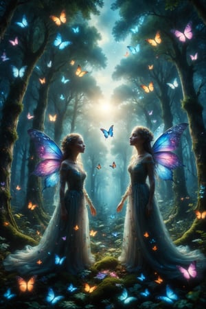 Two ethereal twins floating in an enchanted forest, surrounded by luminous butterflies and talking trees, with a sky that changes color like a kaleidoscope.