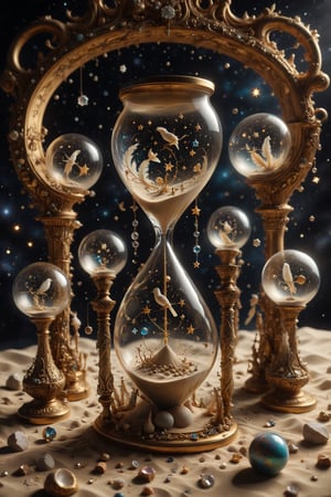 An hourglass with interesting, surreal organic curves, where sand flows like stars in the cosmos, with candelabras resembling constellations in space. Inlaid infinite universes, decorative gold accents, feathers, diamonds, and iridescent bubbles.