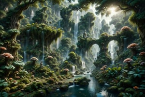 a magnificent and detailed matte painting of the gardens of serenity, with lush plants, crystalline waterfalls, and spiritual creatures meditating, surreal architecture inspired by Claude Monet and Shigeru Miyamoto, masterpiece!!!, peaceful, detailed, harmonious, ethereal, immersive atmosphere, exquisite details, natural serenity, fantasy realism, soft and relaxing lighting
