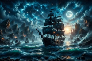 Hyperrealistic Vibrant Mythical And Mystical Hyperrealistic Intricate Dark Spooky Aura Pirate Ship Sailing On Rocky Wavy Seas, Bioluminescent Blue Glowing Vibrant Coloring, All In Beautiful Shades Of Color, Cosmic Galactic Stunning Moonscape Of Many Colors And Bright Stars In The Night Sky With A Gigantic Mystical Full Moon Nebula, 64k Masterpiece, 8k, UHD, style of Ivan Aivazovsky,more detail XL