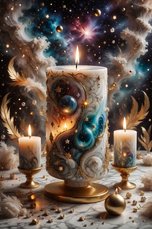 A luxury candle with marble texture and interesting, surreal organic curves, floating in a surreal space with candelabras shining like stars in a nebula. Inlaid nebulae, decorative gold accents, feathers, diamonds, and iridescent bubbles.