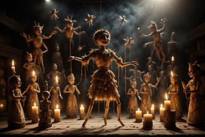 A wooden puppet with golden threads, dancing on a stage lit by candles casting changing shadows of ancient figures and nocturnal animals.