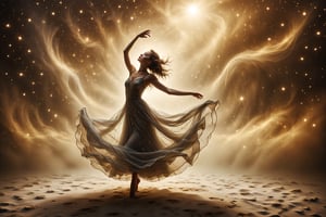 A dancer in a silver chiffon dress, moving gracefully among golden mists swirling to the rhythm of ethereal music, under the light of twinkling stars.