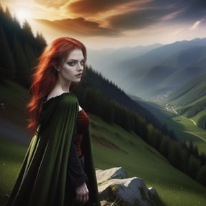 Carpathian female, supernatural, vampire like traits, beautiful red hair, Green eyes, twilight in the Carpathian Mountains