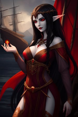  a young elven queen who has black hair and red eyes with a slight vampire essence about her on a ship, sailing for the dragon island. 