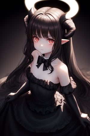 Black shoulder length wavy hair, Fair skinned female with 1 little mole under her dark brown eyes, small white demon horns supporting an angelic halo, Wearing a black strapless dress with black arm sleeves and a white bow attached the front of the dress and white gloves. 