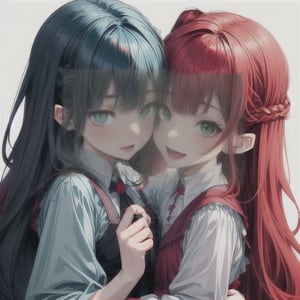 twin vampire little girls, red hair and green eyes, blue black hair and blue eyes