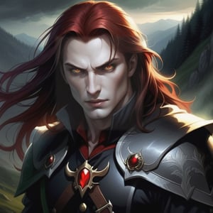 Carpathian male warrior, battle born, long black hair, intense gold eyes, supernatural, vampire like traits, and a beautiful red hair, Green eyed woman, twilight in the Carpathian Mountains,  supernatural, vampire like traitsyy