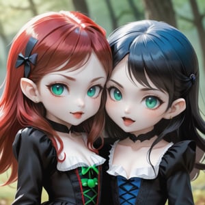 twin vampire little girls, red hair and green eyes, blue black hair and blue eyes