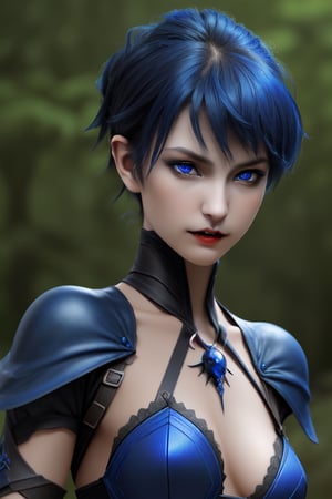 Female, vampire, black blue pixie-cut hair, dark sapphire blue eyes, fair skinned, dainty fangs, dark fantasy,  detailed,  realistic face, warrior, crossbow. 