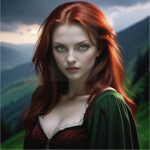 Carpathian female, supernatural, vampire like traits, beautiful red hair, Green eyes, twilight in the Carpathian Mountains