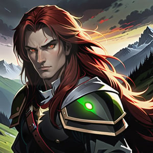  male warrior, battle born, long black hair, intense gold eyes, supernatural and a beautiful red hair, Green eyed woman, twilight in the Carpathian Mountains,  