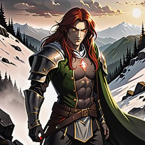  male warrior, battle born, long black hair, intense gold eyes, supernatural and a beautiful red hair, Green eyed woman, twilight in the Carpathian Mountains,  
