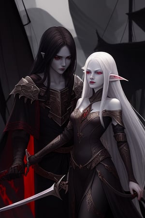  a young elven queen who has black hair and red eyes with a slight vampire essence about her on a ship, sailing for the dragon island. 

an albino elven king is with her, holding a black demonic sword
. 