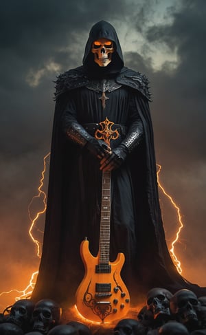 A dark, ominous shot frames a foreboding scene: a sinister figure cloaked in tattered black robes perches atop an electric black guitar, its blade embedded in a pile of human skulls. Glowing orange eyes pierce through the shadows, as mist and shadow curl around the figure like a shroud. Black smoke drifts lazily, while skeletal hands adorned with ancient armor grasp the hilt of the sword, which emits a soft orange glow from runes etched along its center. The atmosphere is heavy with death and power, set against a murky grey sky that seems to mirror the darkness below.