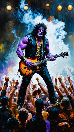 Thanos as Slash, smoking, guitar solo, November Rain, live concert, wild crowd, realistic fantasy style, oil painting, by [Alberto Seveso ? Brent Cotton ? Canaletto]