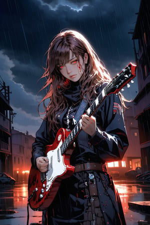 (masterpiece, best quality, ultra-detailed, beautiful, nai3),very aesthetic,intricate,best quality,(amazing quality),extremely hyghres resolution,(ultra-detailed),intricate detailed face and eyes,intricate line,(delicate drawing),an anime style character holding a electric black guitar and glowing with blood, with clouds behind her, 1man, solo, blood,shed tears,(half opened eyes),wet clothes,wet hair ,rocker clothes, weapon, red eyes, long hair, , brown hair, black jacked,blood,blood on face,blood on jacked ,blood on guitar,cowboy shot,(from　directly above),(rain:1.3), (rain_drops),puddle,splash ,ultra delicate, clearly, super fine illustration, absorbres, pastel art,
BREAK beautiful lighting, beautiful glow,nodf_xl