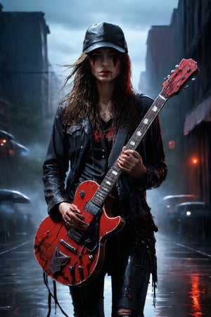 (masterpiece, best quality, ultra-detailed, beautiful, nai3),very aesthetic,intricate,best quality,(amazing quality),extremely hyghres resolution,(ultra-detailed),intricate detailed face and eyes,intricate line,(delicate drawing),an anime style character holding a electric black guitar and glowing with blood, with clouds behind her, 1man, solo, blood,shed tears,(half opened eyes),wet clothes,wet hair ,rocker clothes, black hat over your head, weapon, red eyes, long hair, , brown hair, black jacked,blood,blood on face,blood on jacked ,blood on guitar,cowboy shot,(from　directly above),(rain:1.3), (rain_drops),puddle,splash ,ultra delicate, clearly, super fine illustration, absorbres, pastel art,
BREAK beautiful lighting, beautiful glow,nodf_xl