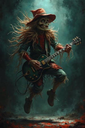 "A scarecrow on a music stage, playing an electric guitar and jumping in the air, in a gloomy setting with maroon and olive green colors.",

"style": "Dark and gloomy style",
"technique": "Use of expressive and dynamic brushstrokes, with a focus on texture and lighting.",
"colors": "Maroon, olive green, dark blue",
"details": "The scarecrow has an expression of passion and energy, with eyes that shine with an intensity that is contagious. The guitar is a tool of expression for the scarecrow, who plays it with an intensity and passion that is palpable. The setting is gloomy and dark, with shadows that create an effect of mystery and tension.",
"lighting": "The lighting is dramatic and expressive, with light and shadow that highlights the scarecrow's figure and the gloomy atmosphere. The maroon and olive green colors create an effect of complementarity and harmony."