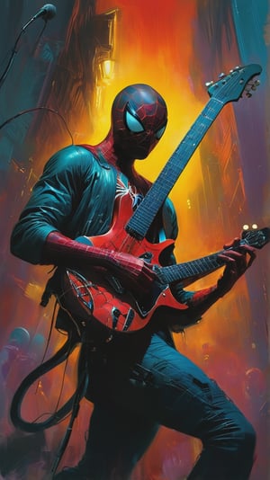 A futuristic spiderman playing an electric guitar, symbolizing a timeless connection between past and future. vibrant colors. vibrant colors, MASTERPIECE by Aaron Horkey and Jeremy Mann, masterpiece, best quality, Photorealistic, ultra-high resolution, photographic light, illustration by MSchiffer, fairytale, Hyper detailed