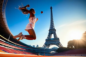 A dynamic shot captures the youthful female athlete's agility, with her basketball uniform in the stadium with the iconic Eiffel Tower rising majestically in the distance, its iron latticework glinting like diamonds. The packed stands pulse with energy, cheers and chants erupting as the crowd eagerly anticipates the next thrilling play, the blue sky above a perfect complement to the electric atmosphere.