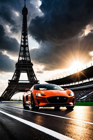 A racing enthusiast, helmet held high in triumph, stands proudly alongside their sleek, gleaming race car on the sun-kissed track of a grand stadium. In the distance, the iconic Eiffel Tower rises majestically against a turbulent sky, where dark storm clouds gather like an impending storm's warning. The air is electric with anticipation as the crowd erupts in cheers, framing the scene with their enthusiastic energy. Zoom in on the dynamic pose, capturing every detail from the gleaming car to the ecstatic fan.