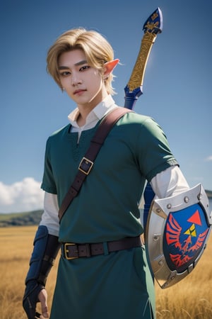 Kim Taehyung, aka V, poses confidently with blonde hair and piercing blue eyes as Link from The Legend of Zelda. He wears the iconic green tunic, adorned with elf ears, and holds his  sword and shield at the ready. Against the vibrant backdrop of Hyrule Field's lush landscape, V's striking features stand out, blending the world of K-pop with the realm of fantasy.