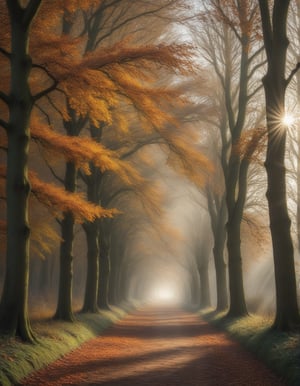 photograph, a path in the woods with leaves and the sun shining , by Julian Allen, dramatic autumn landscape, ears, park, take off, peace, rich cold moody colours, hi resolution, oaks