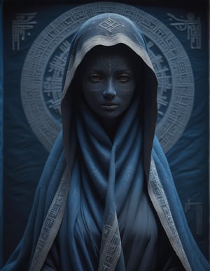 an ancient, cloaked female figure with piercing eyes, face covered in dust and dirt, their face wrapped in fabric adorned with extremely intricate hieroglyphs, set against an abstract, polygonal blue gradient background. The cloth appears worn and frayed, with strands of cobwebs catching the light, evoking a sense of age and decay. The background’s geometric facets shift from light to dark blue, creating a sense of depth that feels cold and detached, as if the figure exists within a frozen, digital void. Every wrinkle, stitch, and symbol on the fabric is detailed, revealing a story etched into the cloth. The icy blues of the background offer a stark contrast, amplifying the figure’s ancient aura. This composition weaves together themes of antiquity and futurism, drawing the viewer into a world where the past is preserved within a crystalline digital space.