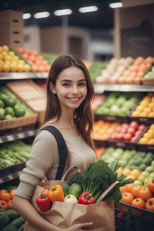 Cinematic still of girl holding shopping bag full of vegetables with paws, shopping with smile in a market. . Shallow depth of field, vignette, highly detailed, high budget, bokeh, Cinemascope, moody, epic, gorgeous, film grain, grainy