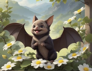 cute cartoon character, bat enjoying springtime flowers, (((masterpiece))),(best quality)