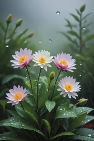 flowers, waterdrops, botanical art style, rain ((best quality)), ((masterpiece)), Christmas 3 gifts standing on top of each other, on a New Year's background