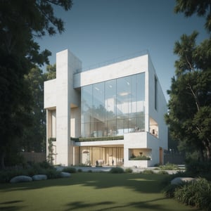 A museum building in Mexico City, constructed from beige travertine stone with a modernist facade featuring tall glass and steel walls, and concrete elements. The building is designed in the style of David Chipperfield, with a focus on clean lines and minimalism. The scene is illuminated by daylight, highlighting the interplay between the stone and glass. The composition captures the structure from a side angle and slightly below, showcasing the landscape surrounding the museum.