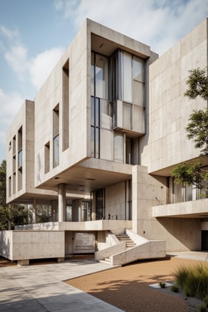 A museum building in Mexico City, constructed from beige travertine stone with a modernist facade featuring tall glass and steel walls, and concrete elements. The building is designed in the style of David Chipperfield, with a focus on clean lines and minimalism. The scene is illuminated by daylight, highlighting the interplay between the stone and glass. The composition captures the structure from a side angle and slightly below, showcasing the landscape surrounding the museum.